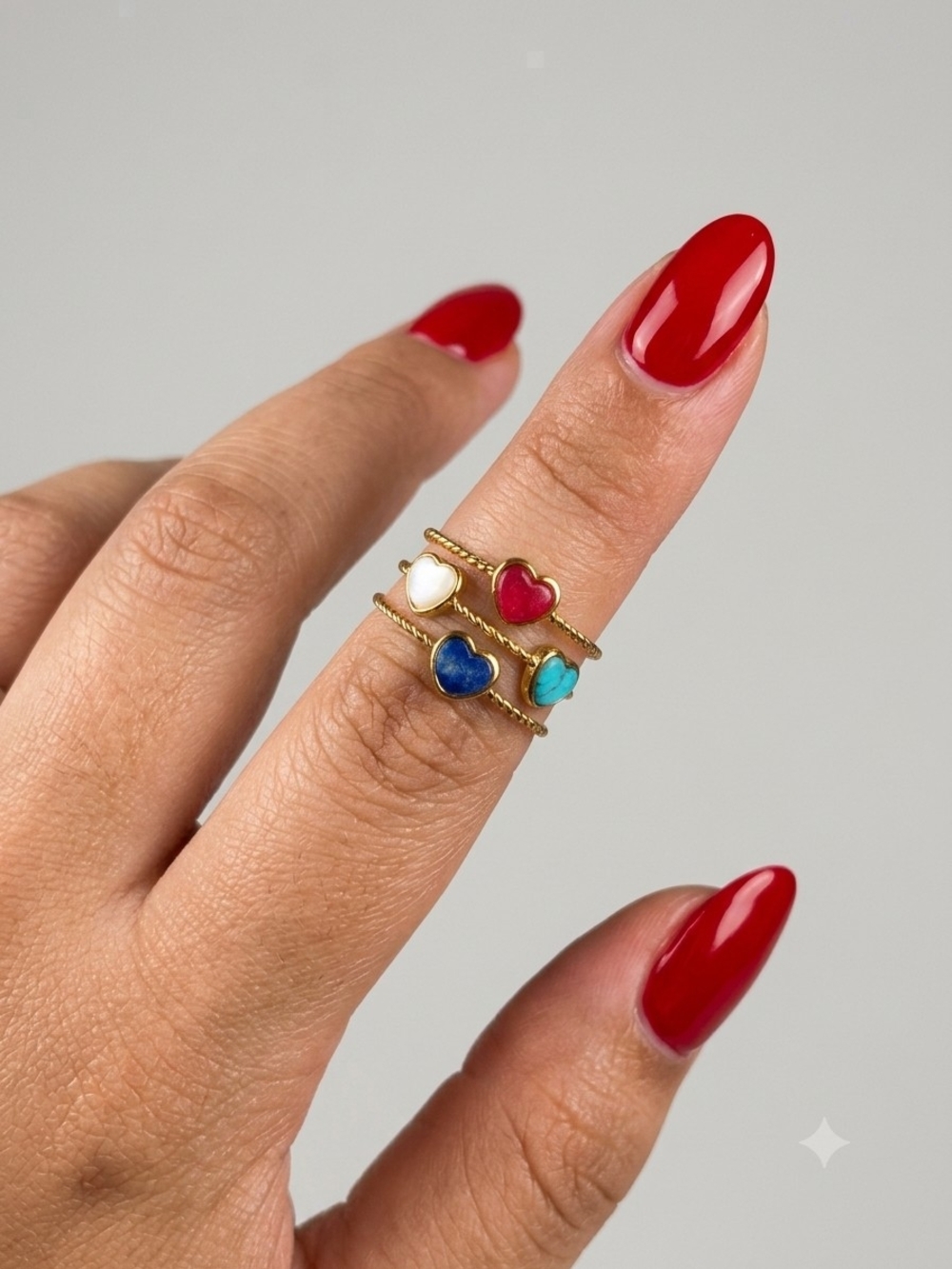 Stainless Steel Gold Heart Gemstone Stackable Ring - White, Red, Blue, Turquoise